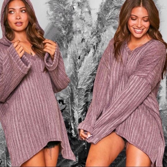 SMOKE PURPLE RIBBED KNIT HOODIE - Picture 6 of 8